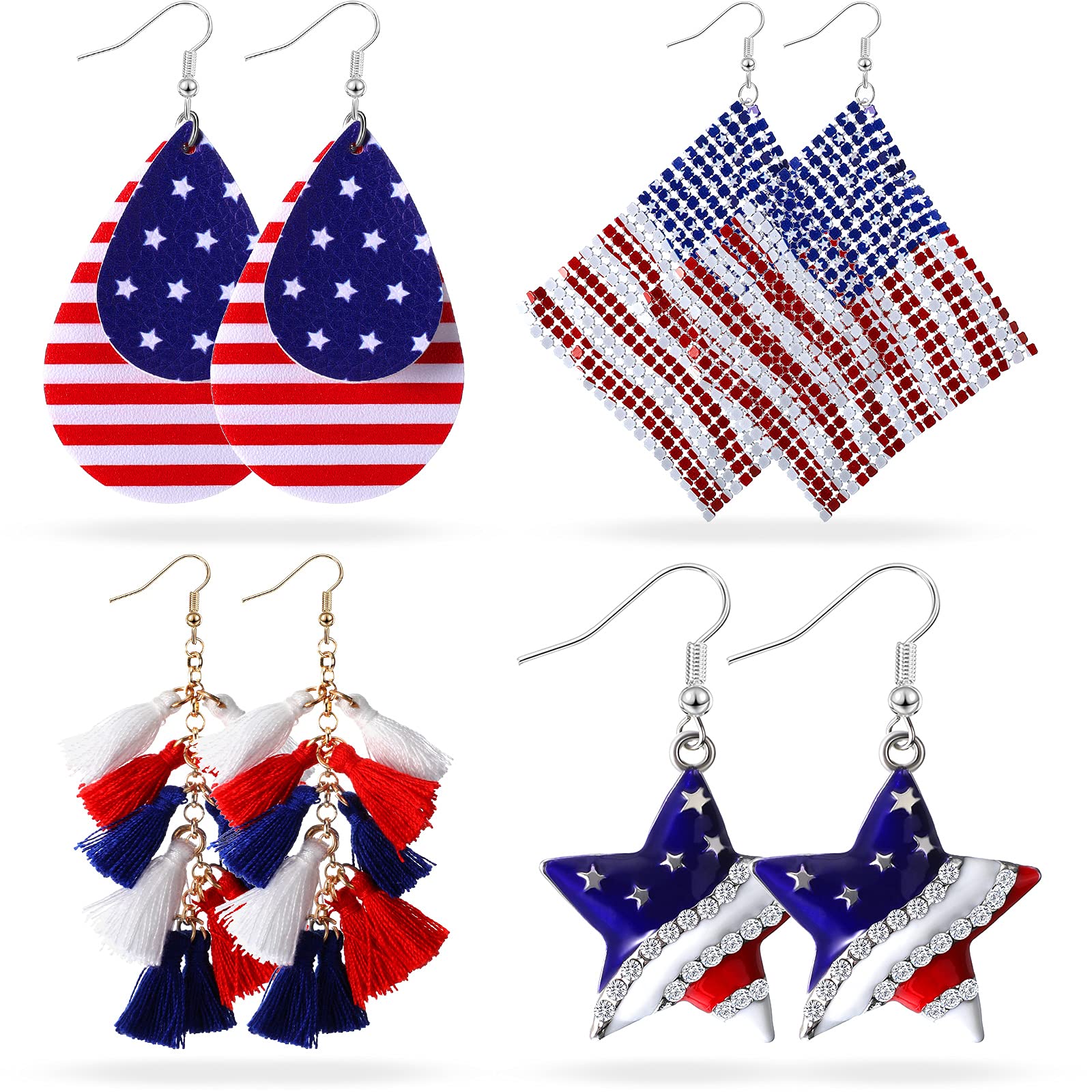 4 Pairs American Flag Drop Dangle Earrings Independence Day Patriotic Earrings 4th of July Pendant Earrings Teardrop Tassel Rhinestone Earrings