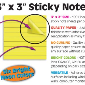 Better Office Products Lined Sticky Notes 3 x 3, 10 Pack, 1,000 Sheets (100/Pad), Self Stick Notes with Lines, Bright Assorted Colors, Post Memos, Strong Adhesive, 10 Pads