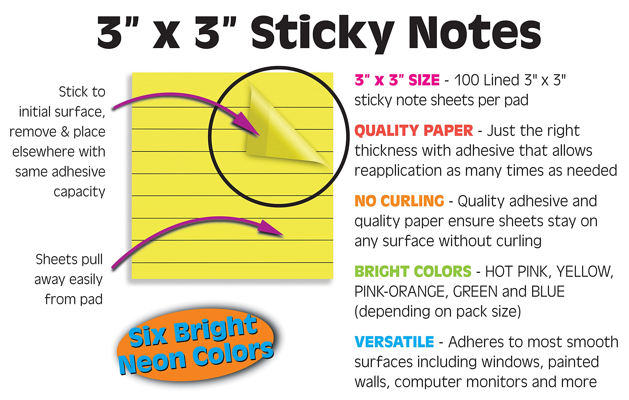 Better Office Products Lined Sticky Notes 3 x 3, 10 Pack, 1,000 Sheets (100/Pad), Self Stick Notes with Lines, Bright Assorted Colors, Post Memos, Strong Adhesive, 10 Pads