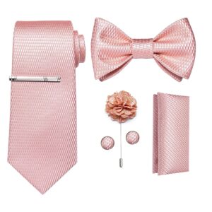 dibangu mens silk tie and bowtie lapel pin tie clip set paisley solid necktie and pocket square cufflinks for wedding party, blush pink