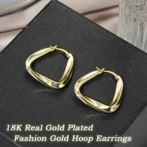 Thick Gold Hoop Earrings for Women,18K Gold Plated Sterling Silver Chunky Hoop Earrings Fashion Geometry Square Earrings Gold Jewelry for Gifts (1-Gold)