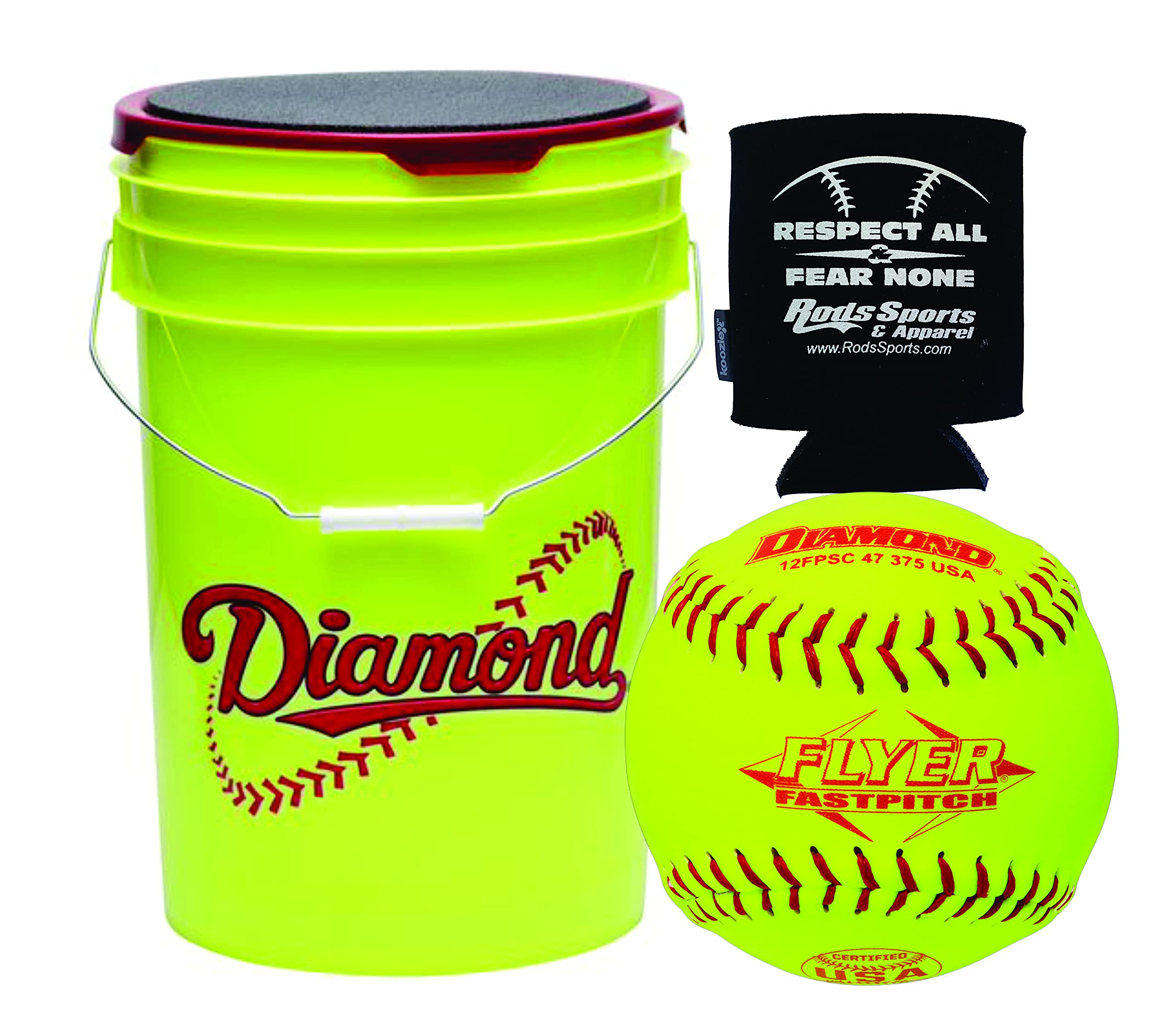 Diamond Sports Diamond Flyer Fastpitch 12 inch 12FPSC USA Stamped 375 Compression .47 COR Softballs with Yellow Bucket - 18 Ball Pack and Rods Insulated Can Sleeve