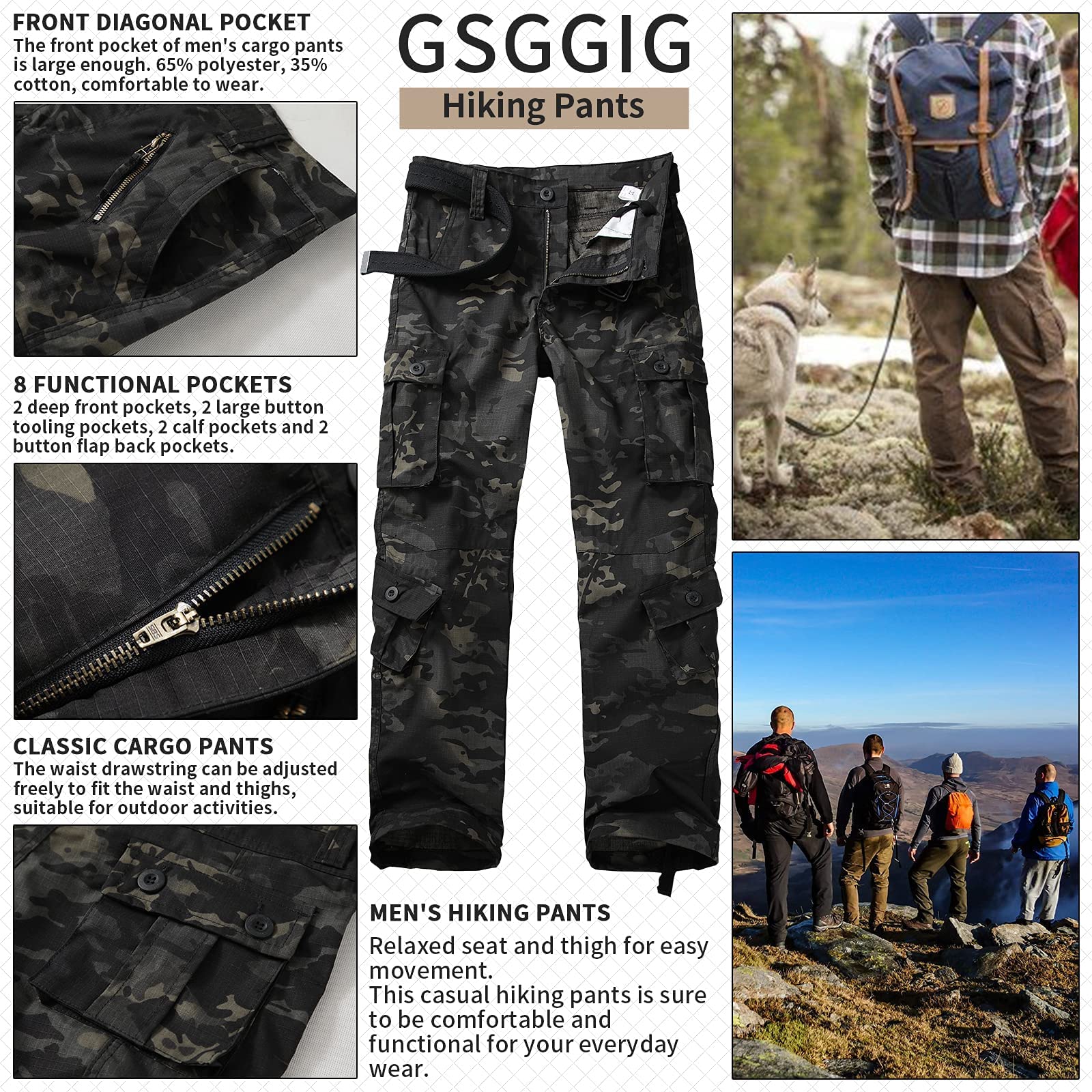 GSGGIG Men's Outdoor Hiking Pants, Tactical Pants Lightweight Casual Work Ripstop Cargo Pants for Men with Pockets No Belt 3355 Black CP CAMO 44