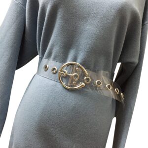 Women Fashion Holographic Clear Wide Belt Transparent PVC Metal Buckle Waist Belt Waistband Cinch Dress Belt