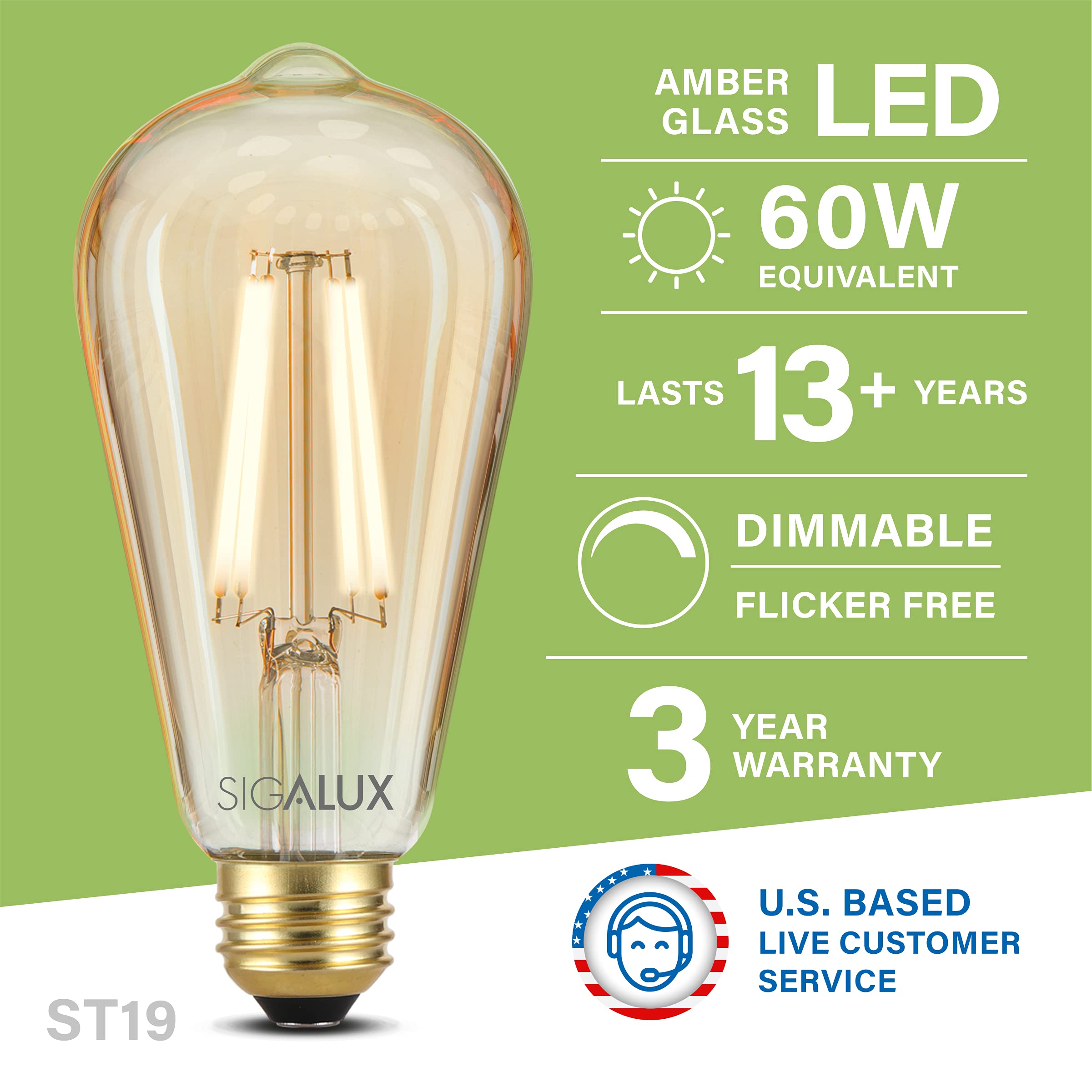 Sigalux ST19 Dimmable LED Filament Edison Light Bulbs, 60W Equivalent, 9W, Warm White, 6 Pack, CRI90, 700LM, Antique Amber Glass, E26, UL Listed