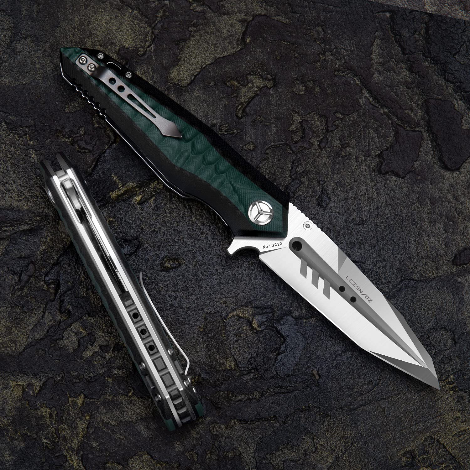 NEWOOTZ folding pocket knife with 4in d2 tool steel blade,liner lock g10 handle,edc camping hunting knives with clip for men and women (green)