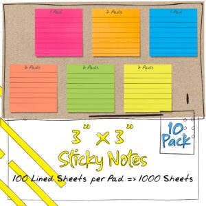 Better Office Products Lined Sticky Notes 3 x 3, 10 Pack, 1,000 Sheets (100/Pad), Self Stick Notes with Lines, Bright Assorted Colors, Post Memos, Strong Adhesive, 10 Pads