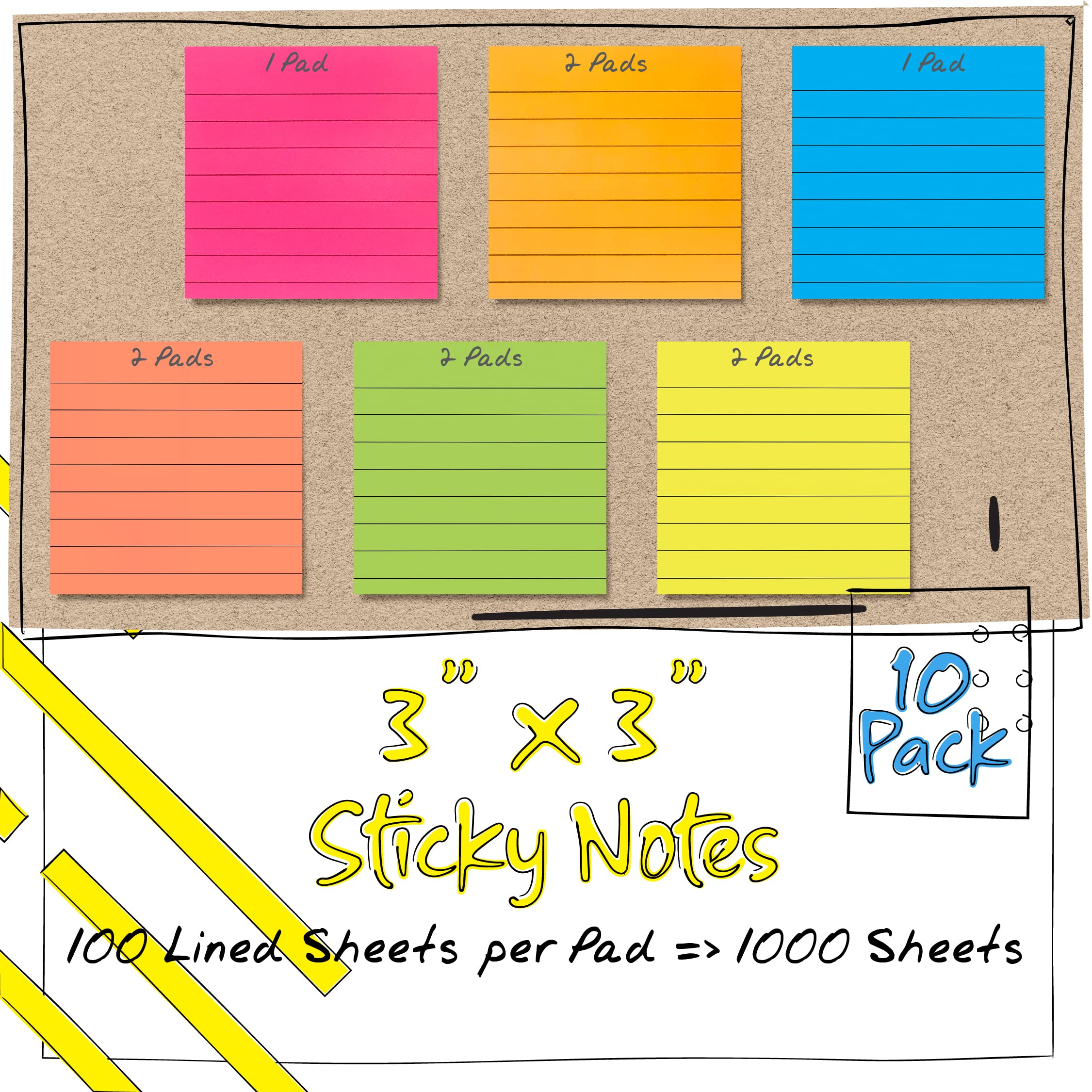 Better Office Products Lined Sticky Notes 3 x 3, 10 Pack, 1,000 Sheets (100/Pad), Self Stick Notes with Lines, Bright Assorted Colors, Post Memos, Strong Adhesive, 10 Pads