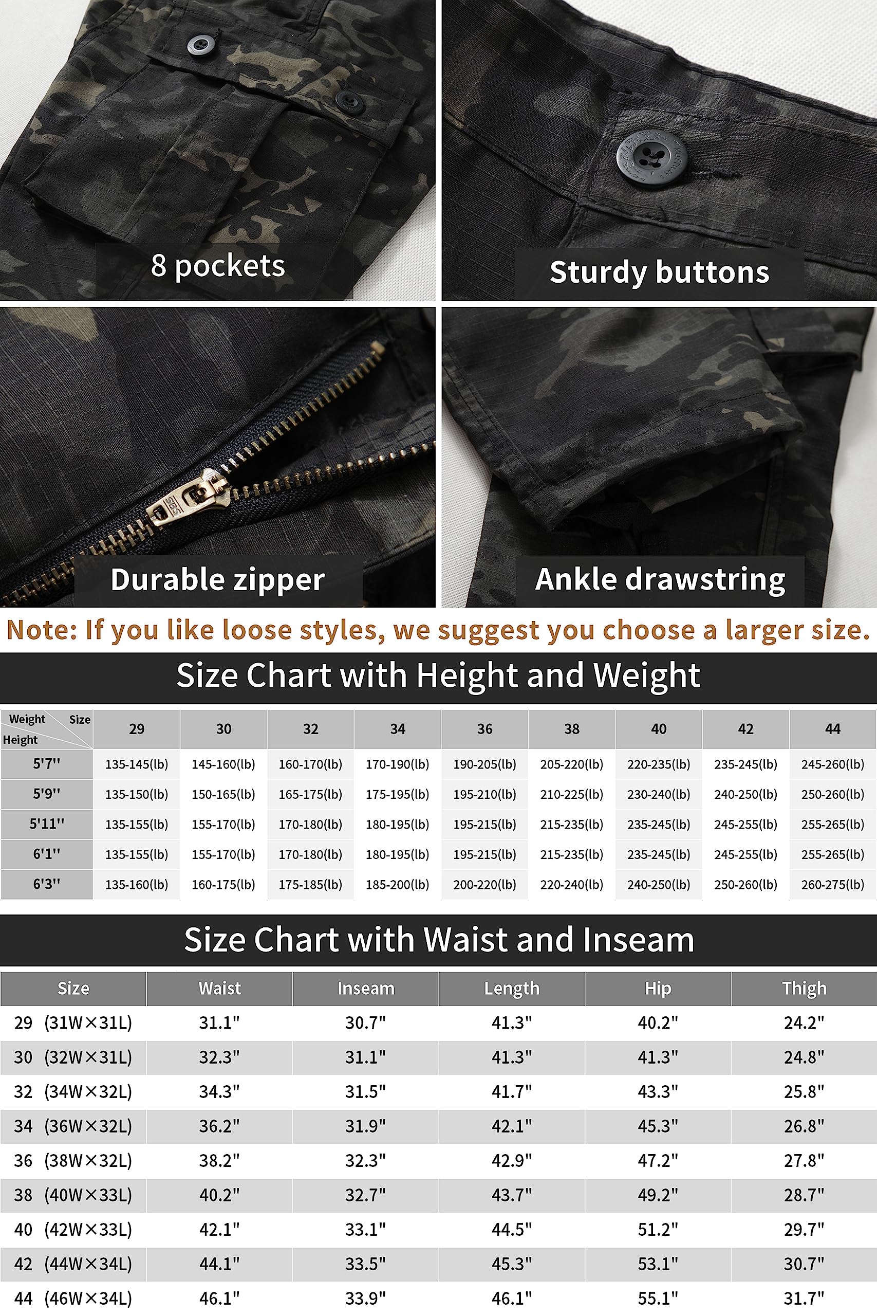 GSGGIG Men's Outdoor Hiking Pants, Tactical Pants Lightweight Casual Work Ripstop Cargo Pants for Men with Pockets No Belt 3355 Black CP CAMO 44