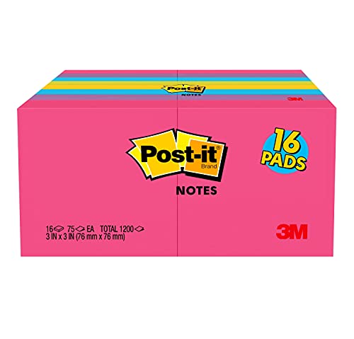 Post-it Notes, 3x3 in. Bulk 16 Pads/Pack, 75 Sheets Per Pad, Assorted Bright Colors Sticky Notes Including Hot Pink Purple Blue and Yellow Colors,