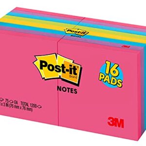 Post-it Notes, 3x3 in. Bulk 16 Pads/Pack, 75 Sheets Per Pad, Assorted Bright Colors Sticky Notes Including Hot Pink Purple Blue and Yellow Colors,