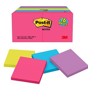 Post-it Notes, 3x3 in. Bulk 16 Pads/Pack, 75 Sheets Per Pad, Assorted Bright Colors Sticky Notes Including Hot Pink Purple Blue and Yellow Colors,