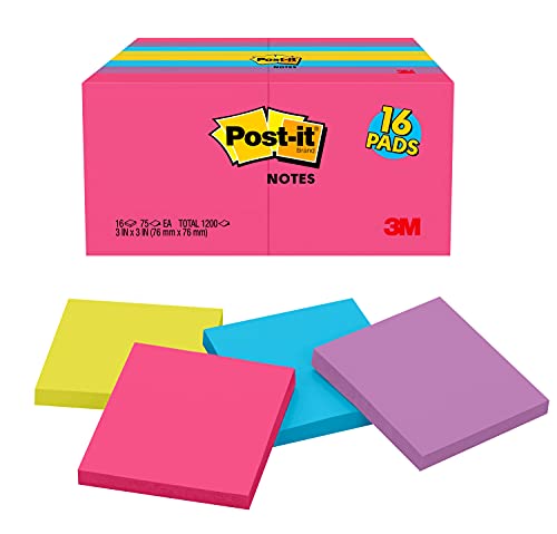 Post-it Notes, 3x3 in. Bulk 16 Pads/Pack, 75 Sheets Per Pad, Assorted Bright Colors Sticky Notes Including Hot Pink Purple Blue and Yellow Colors,