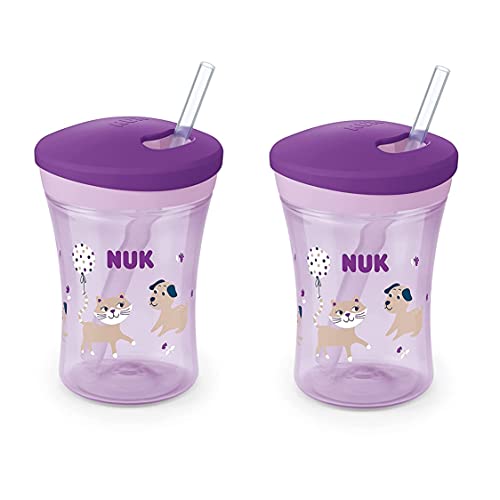 NUK Evolution Straw Cup, 8 oz (Purple Cat & Dog, 2 Pack)