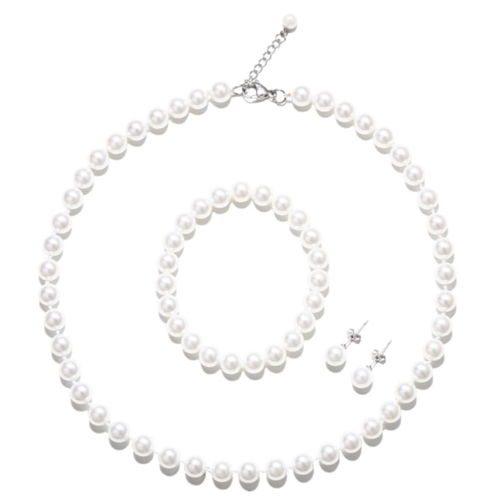 LZMEI White 8mm Faux Hand Knotted Glass Imitation Pearls Necklace Earring Jewelry 3 Set for Women and girls (16inch)