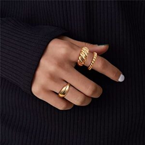 LANE WOODS Chunky Ring Set: 14k Gold Plated Croissant Braided Twisted Dome Ring Jewelry for Women Men(8" Gold)