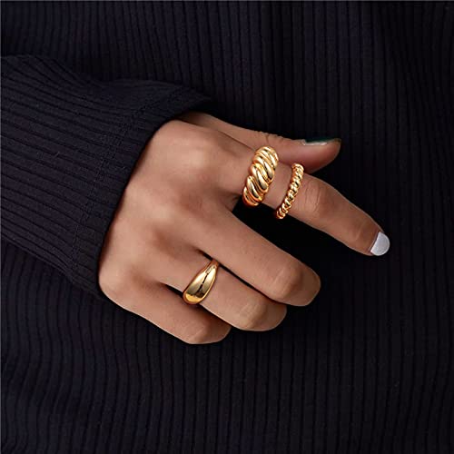 LANE WOODS Chunky Ring Set: 14k Gold Plated Croissant Braided Twisted Dome Ring Jewelry for Women Men(8" Gold)