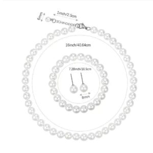 LZMEI White 8mm Faux Hand Knotted Glass Imitation Pearls Necklace Earring Jewelry 3 Set for Women and girls (16inch)