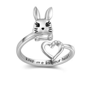 lonago bunny ring silver white bunny rabbit ring for women birthday gift (bunny size 7)