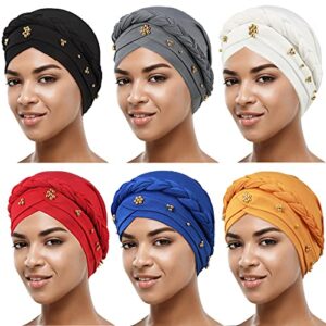 6 Pieces African Women Turban Headscarf Cap for Black Women Braided Head Wrap(Black, Grey, White, Wine Red, Yellow, Royal Blue, Bead Style)