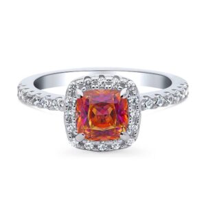 BERRICLE Sterling Silver Halo Red Orange Cushion Cut Cubic Zirconia CZ Kaleidoscope Fashion Ring for Women, Rhodium Plated Size 9