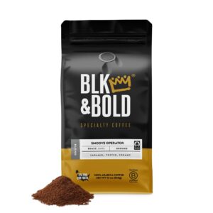 blk & bold ground coffee, smoove operator premium dark roast, 100% arabica beans, 12 oz bag