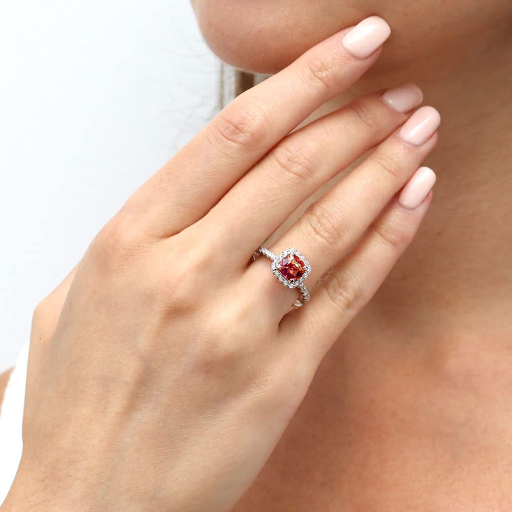 BERRICLE Sterling Silver Halo Red Orange Cushion Cut Cubic Zirconia CZ Kaleidoscope Fashion Ring for Women, Rhodium Plated Size 9