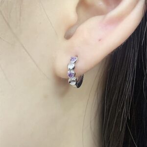 Double Love Heart Cubic Zirconia Small Hoop Earrings for Women Teen Girls 925 Sterling Silver Tiny Cute Huggie Hoops Cartilage Hypoallergenic for Sensitive Ear Birthstone Valentine Easter Mother's Day Jewelry Gifts for Her Amethyst