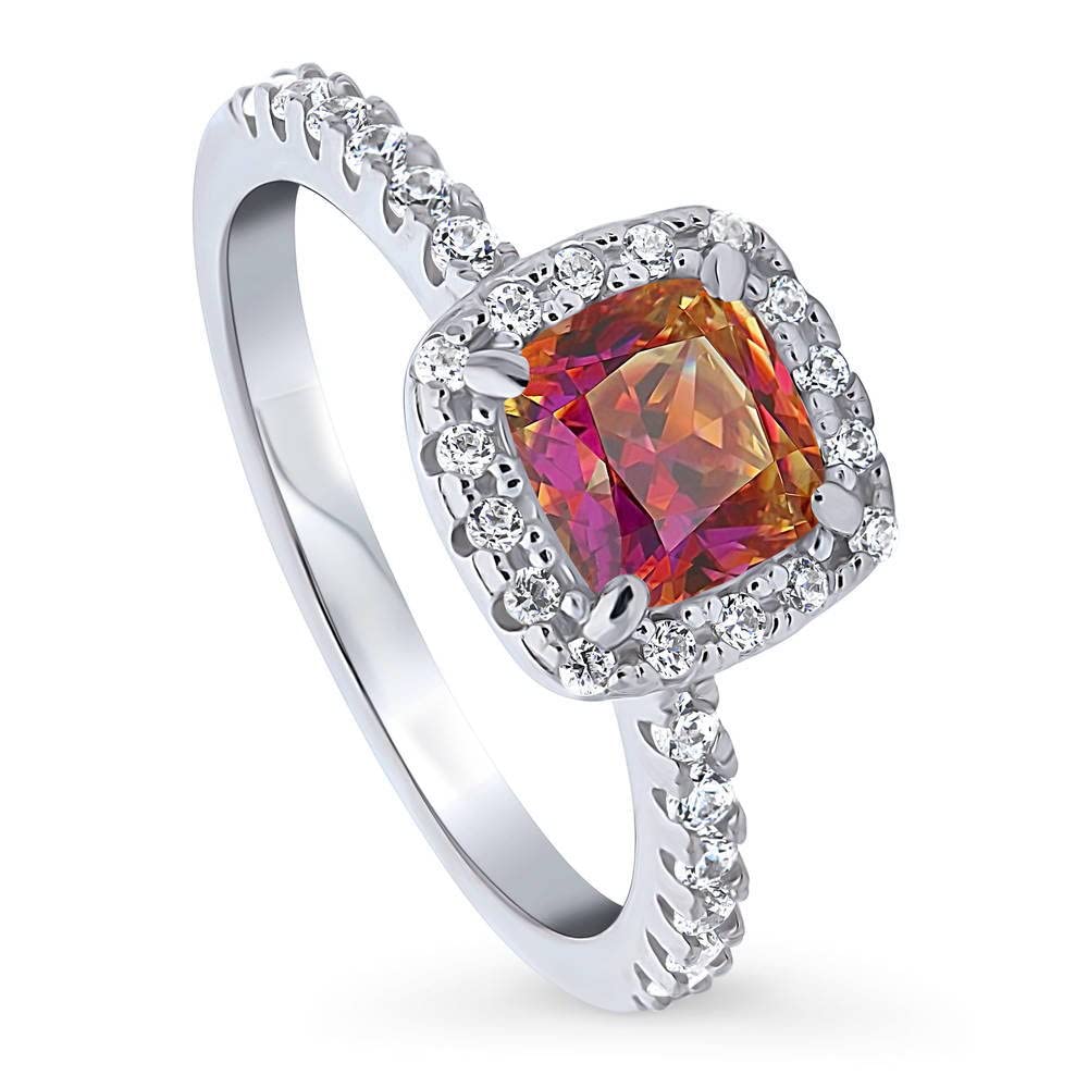 BERRICLE Sterling Silver Halo Red Orange Cushion Cut Cubic Zirconia CZ Kaleidoscope Fashion Ring for Women, Rhodium Plated Size 9