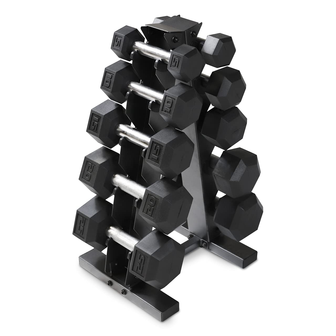 WF Athletic Supply 5-25Lb Rubber Coated Hex Dumbbell Set with A Frame Storage Rack Non-Slip Hex Shape for Muscle Toning, Strength Building & Weight Loss - Multiple Choices Available