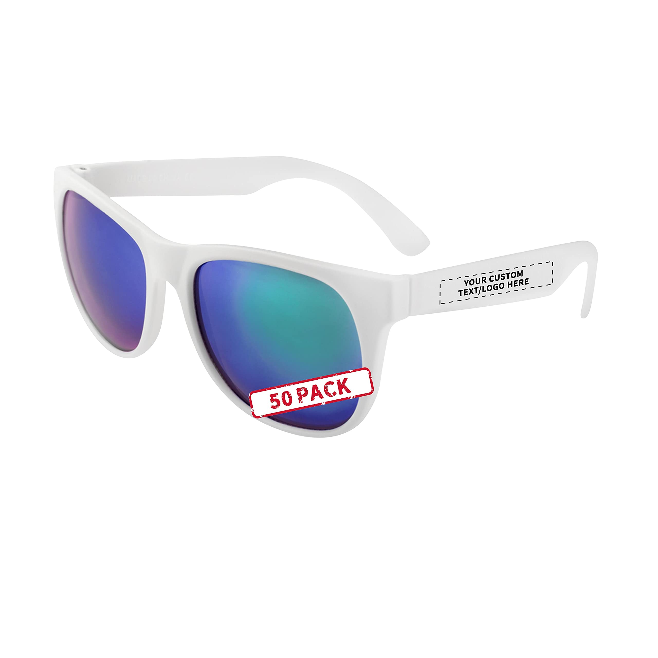 DISCOUNT PROMOS Personalized UV Protected Color Lens Sunglasses with White Frames - 50 pack - Sunglasses - Customizable Text, Logo - Blue