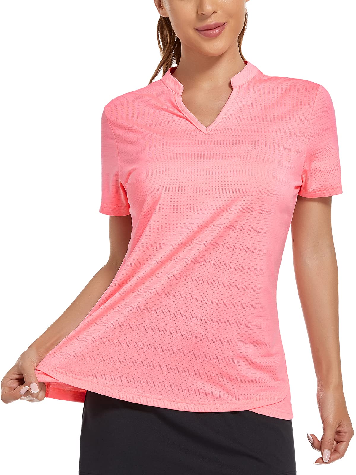 MIER Women's Collarless Golf Polo Shirt - UV Protection, Lightweight & Quick Dry - Pink, M