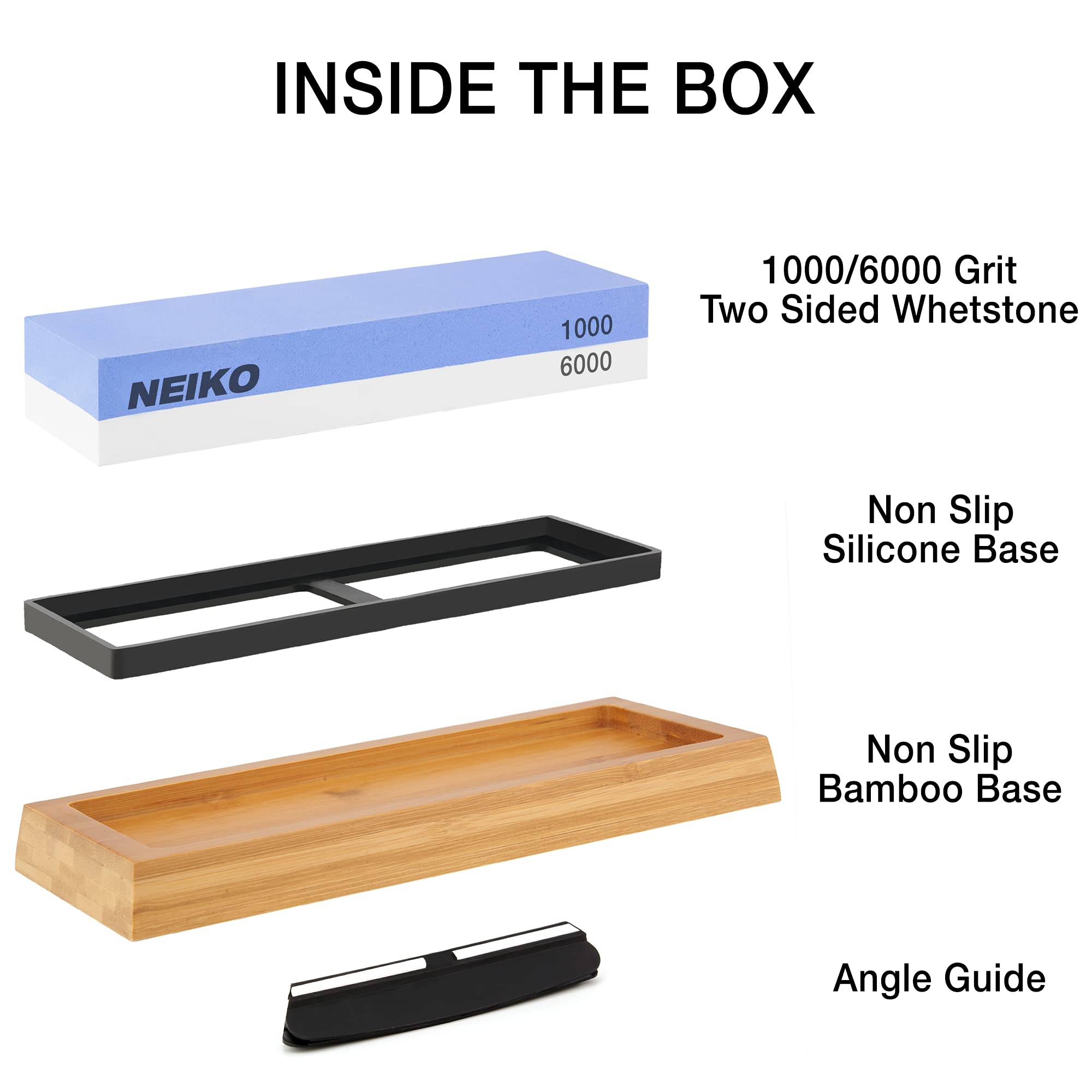 NEIKO 54002A Whetstone 1000/6000, Wet Stone Sharpening Kit, 2Sided, Highly Durable Corundum Water Stone, Angle Guide, Non-Slip Bamboo Base, Knife Sharpening Stone for Knives, Whetstone Knife Sharpener