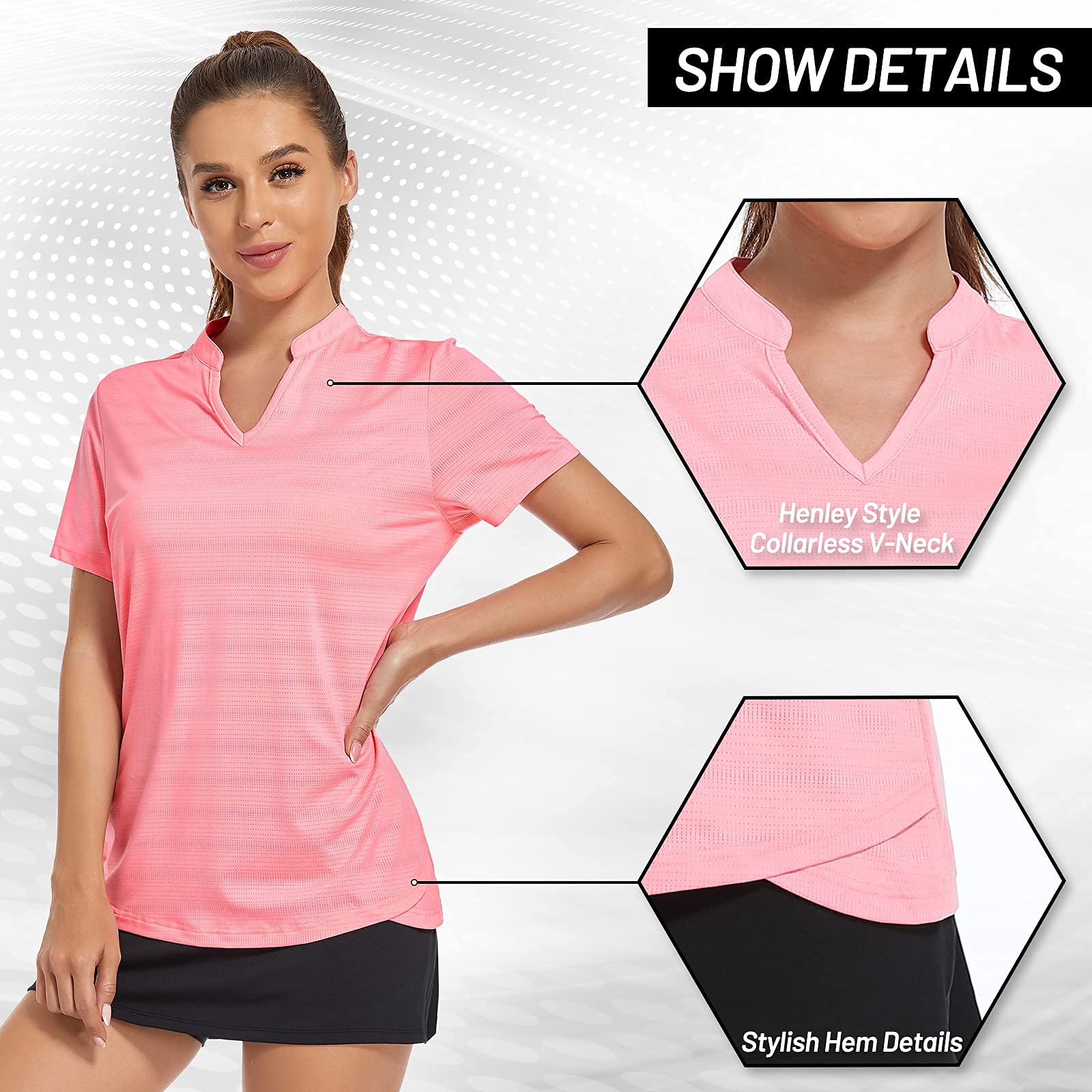 MIER Women's Collarless Golf Polo Shirt - UV Protection, Lightweight & Quick Dry - Pink, M