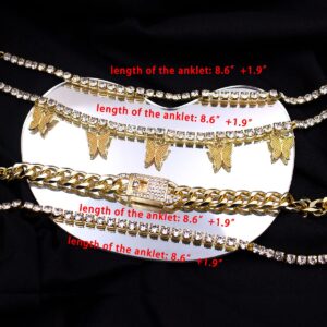 yfstyle 4PCS Cuban Link/ Chain Ankle Bracelet Butterfly Rhinestone Tennis Layered Anklet Set for Women Summer Beach Adjustable - gold cuban