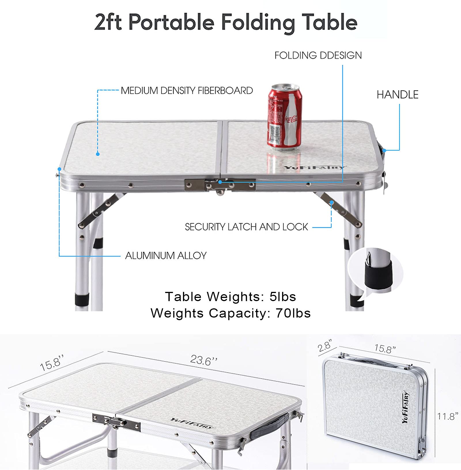 YUFIFAIRY Small Folding Table with Mesh Layer, 3 Adjustable Heights Aluminum Lightweight Portable Folding Table with Extension Legs, Camping Table for RV, Picnic and Indoor