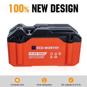 ECO-WORTHY Portable 12V Lithium Battery, 20Ah LiFePO4 Deep Cycle Rechargeable Battery, Built-in BMS, 4000+ Cycles,Perfect for Outdoor Camping Fishing RV Marine Trolling Motor Fishfinder