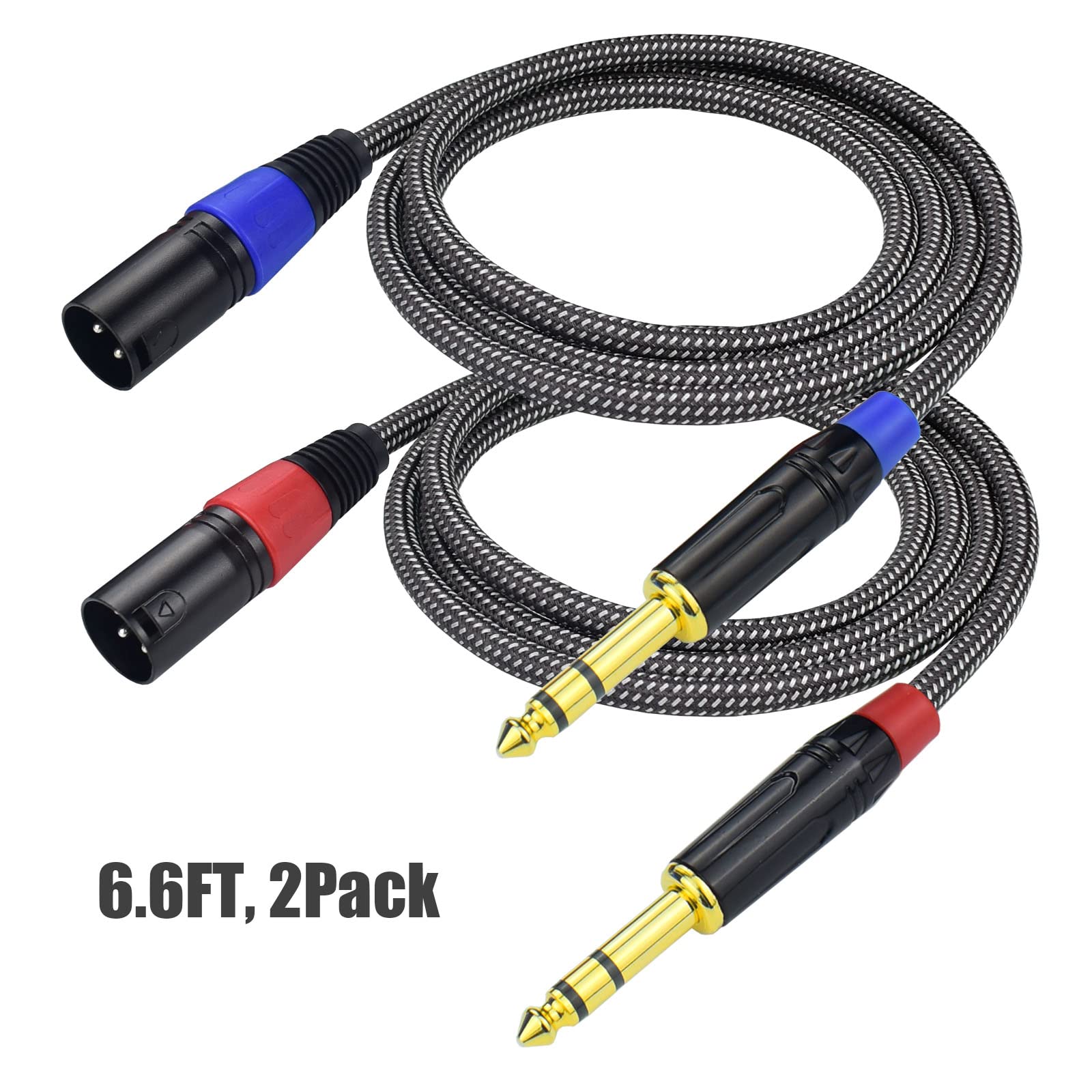 Ihurllu Balanced 1/4" TRS to XLR Male Patch Cable, 6.6Feet Quarter Inch 6.35mm to 3pin XLR Male Microphone Cable, Heavy Duty Nylon Braided, Gold Plated Plug, for Mixer, Speaker, Studio Monitor -2Pack