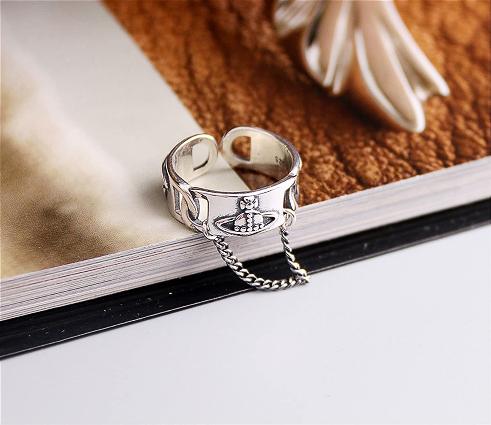 Beccalame Saturn Chain Sterling Silver Adjustable Ring Y2K Edgy Rings Fashion Handmade Jewelry Gift For Women Men Tassel Dangling Chain Ring