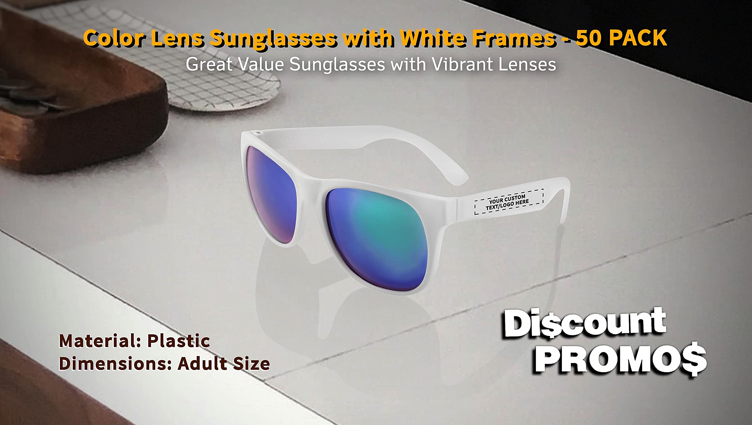 DISCOUNT PROMOS Personalized UV Protected Color Lens Sunglasses with White Frames - 50 pack - Sunglasses - Customizable Text, Logo - Blue