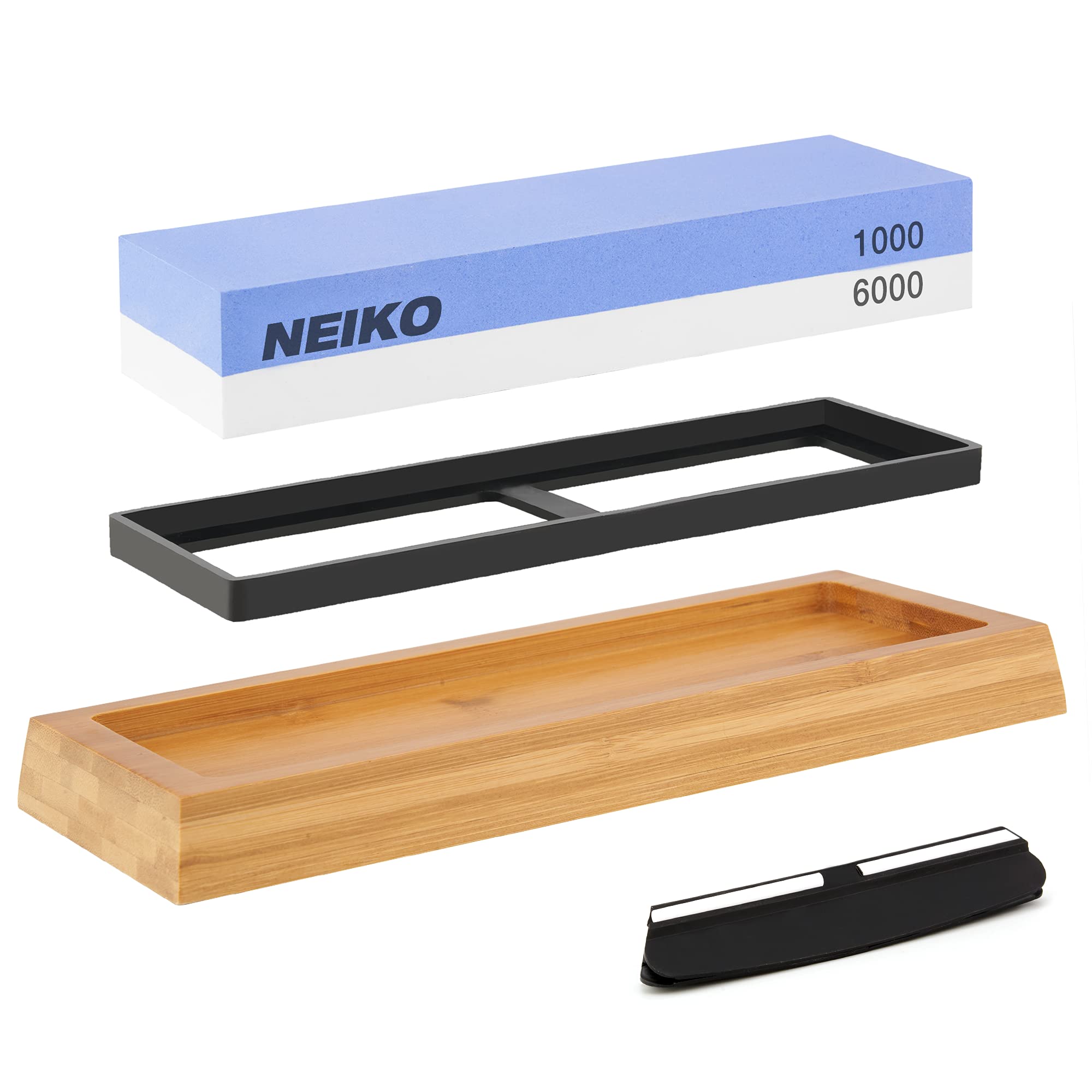 NEIKO 54002A Whetstone 1000/6000, Wet Stone Sharpening Kit, 2Sided, Highly Durable Corundum Water Stone, Angle Guide, Non-Slip Bamboo Base, Knife Sharpening Stone for Knives, Whetstone Knife Sharpener