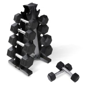 WF Athletic Supply 5-25Lb Rubber Coated Hex Dumbbell Set with A Frame Storage Rack Non-Slip Hex Shape for Muscle Toning, Strength Building & Weight Loss - Multiple Choices Available