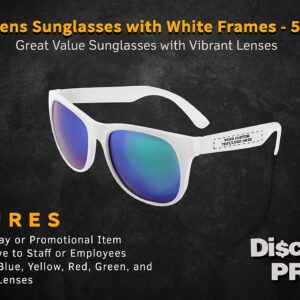 DISCOUNT PROMOS Personalized UV Protected Color Lens Sunglasses with White Frames - 50 pack - Sunglasses - Customizable Text, Logo - Blue