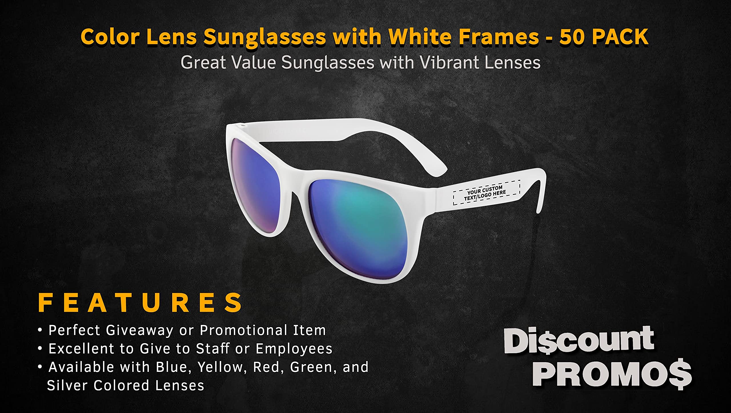 DISCOUNT PROMOS Personalized UV Protected Color Lens Sunglasses with White Frames - 50 pack - Sunglasses - Customizable Text, Logo - Blue