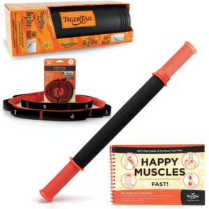 tiger tail bundle: 18in portable massage stick portable roller + the big one foam roller + the stretchy tiger 80" stretch/yoga strap + happy muscles book