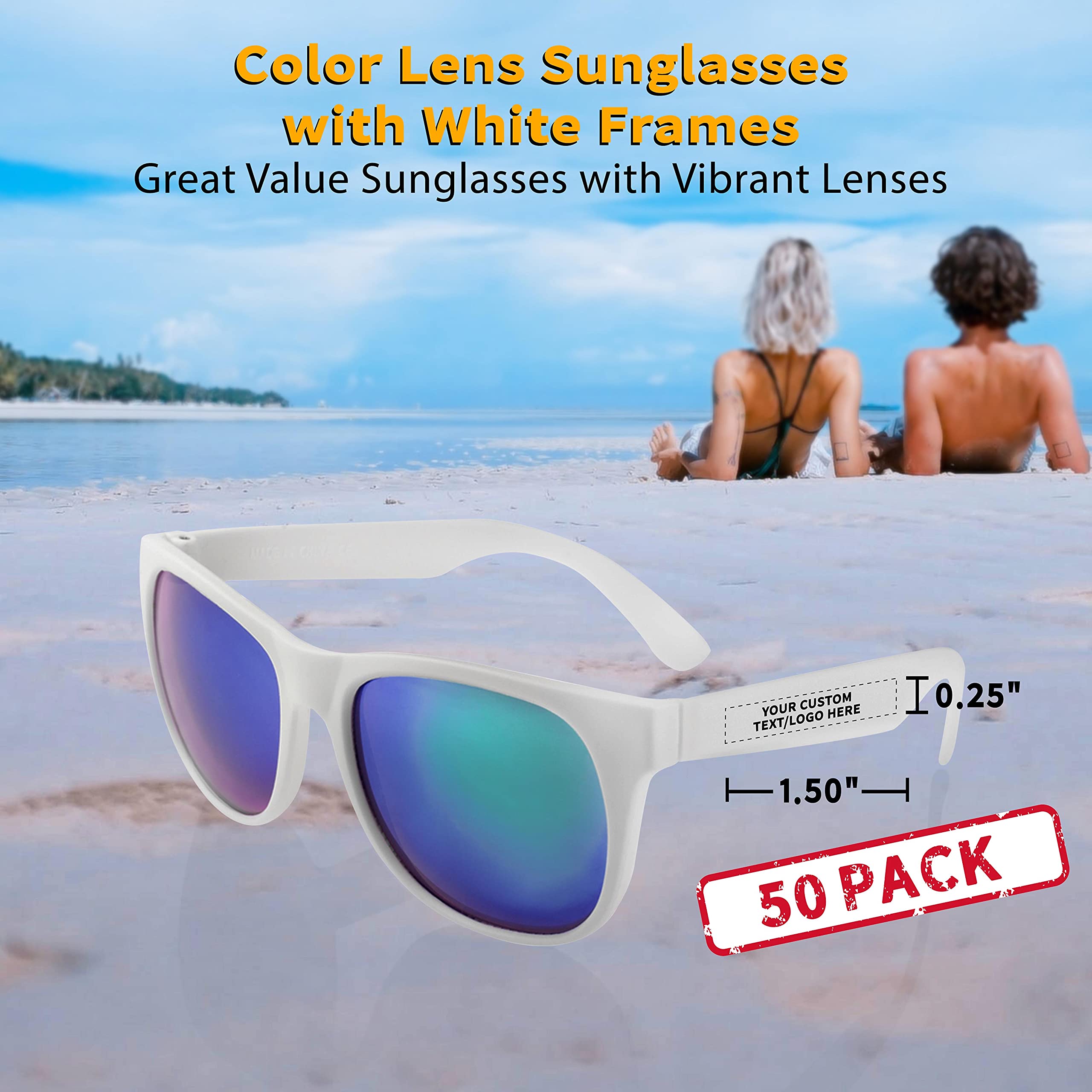 DISCOUNT PROMOS Personalized UV Protected Color Lens Sunglasses with White Frames - 50 pack - Sunglasses - Customizable Text, Logo - Blue