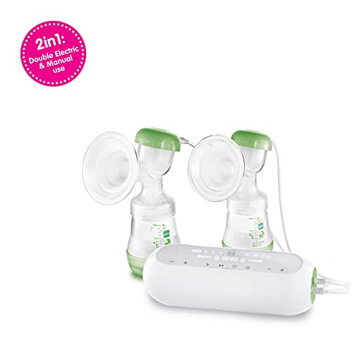 MAM 2-in-1 Double Electric Breast Pump & Manual Breast Pump, Portable Breast Pump with 2 Easy Start Anti-Colic Bottles & Breastfeeding Supplies