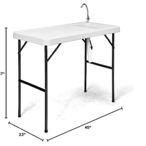 PETSITE Fish Cleaning Table, Portable Camping Sink with Faucet, Outdoor Picnic Foldable Washing Table, White