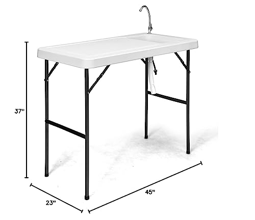 PETSITE Fish Cleaning Table, Portable Camping Sink with Faucet, Outdoor Picnic Foldable Washing Table, White