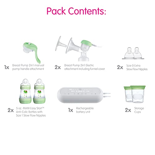 MAM 2-in-1 Double Electric Breast Pump & Manual Breast Pump, Portable Breast Pump with 2 Easy Start Anti-Colic Bottles & Breastfeeding Supplies